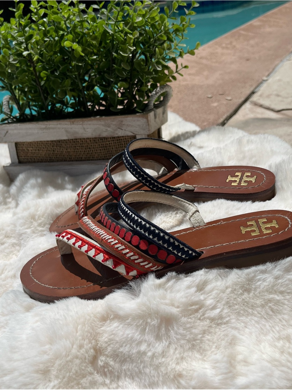 Tory Burch Brown Leather Multicolor Slide Sandals